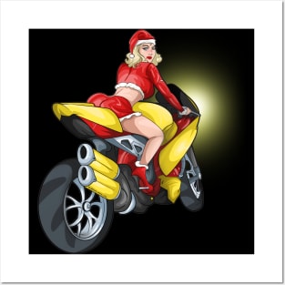 Retro Mrs Santa Motorcycle Babe Biker Posters and Art